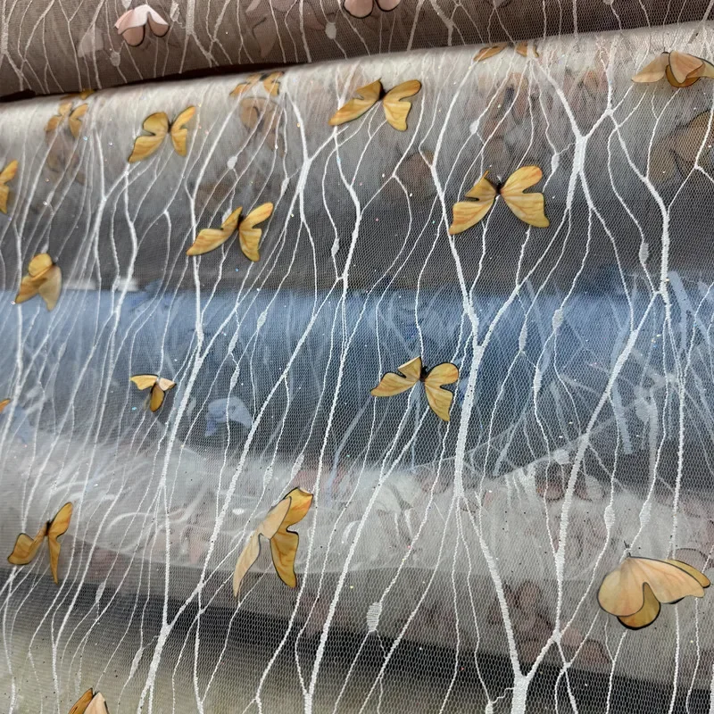 

3D Butterfly Lace Embroidered Mesh Fabric Colorful Sheer Textile For Wedding Dress DIY Veil Stage Backdrop Decoration