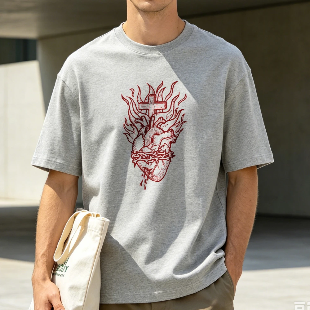 Sacred Heart Thorn Cross Flame Graphic T Shirt Men Vintage Catholic Religious Print Tee Faith Prayer Street Tops Casual RetroTee