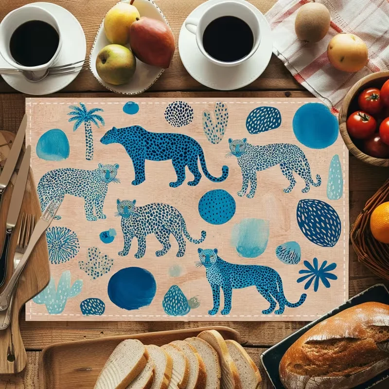 Tropical Blue Leopard Palm Print Placemats Bohemian Wildlife Table Mats Exotic Cheetah Cactus Pattern Pads
