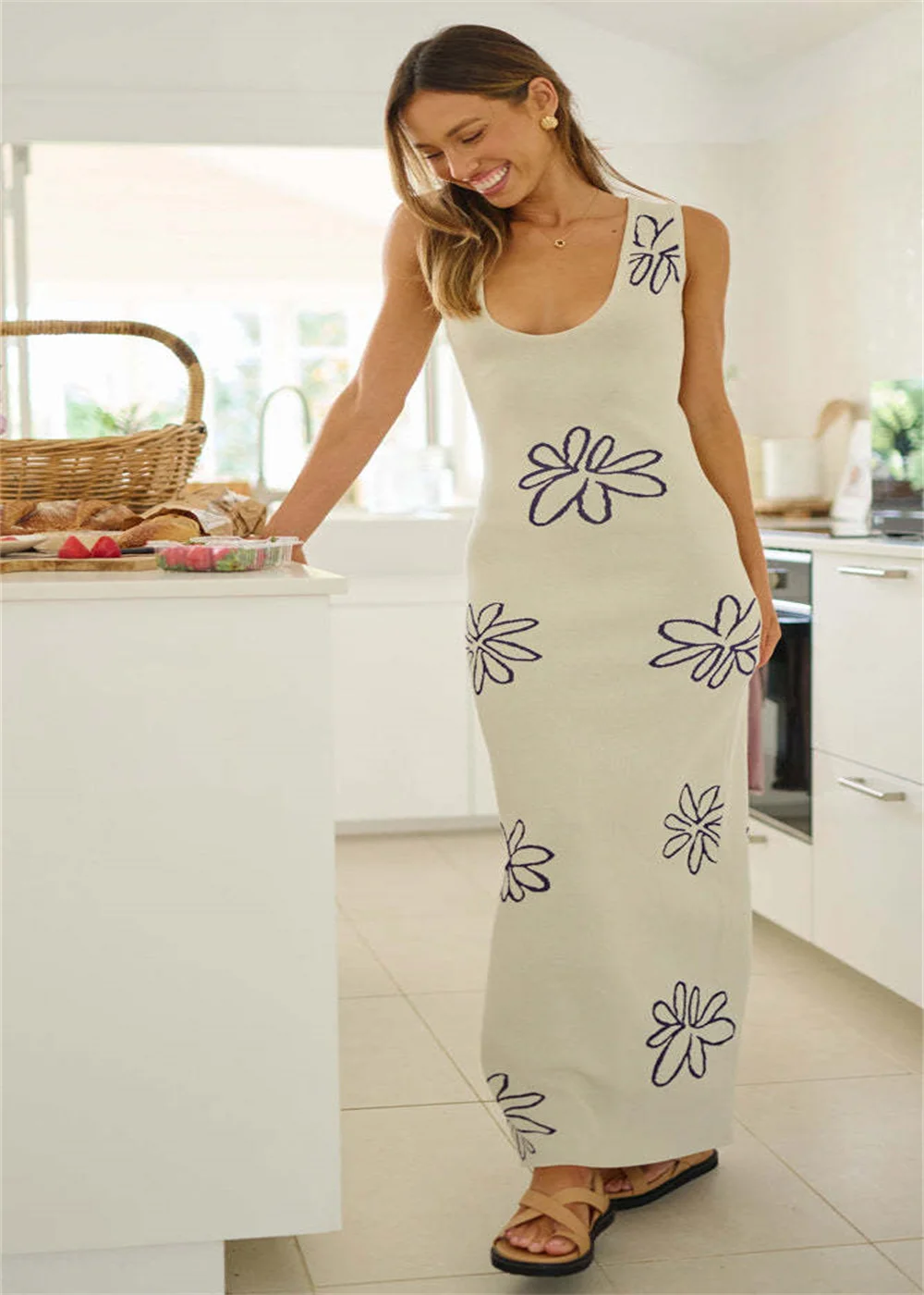 Robe en tricot dos nu sexy pour femme, haut en fibre précieuse à col en U, impression, coupe couvertes, robe maxi éducative, robe de vacances de plage, nouveau, été
