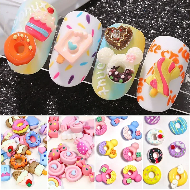 Acrylic Cartoon Bear Flowers Sweet Donus Candy Decorations Nails Charms Phone Case Kawaii Resin 3D Mixed Designs DIY Accessories