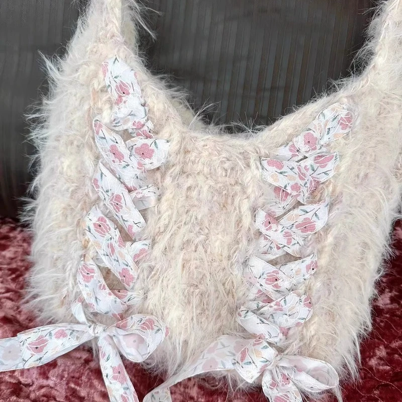 2024 Sweet Y2k Aesthetic Fluffy Handbags Fairy Bandage Bow Women Underarm Bag Faux Fur Fashion Chic Shoulder Bags Korean Casual