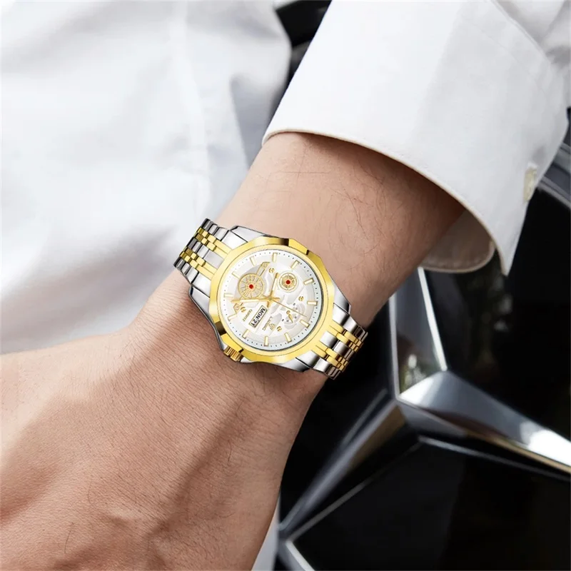 LIEBIG  Watch For Men Quartz Movement Golden Top Brand Luxury Stainless Steel Strap Date Week Wristwatch Clock relogio masculino