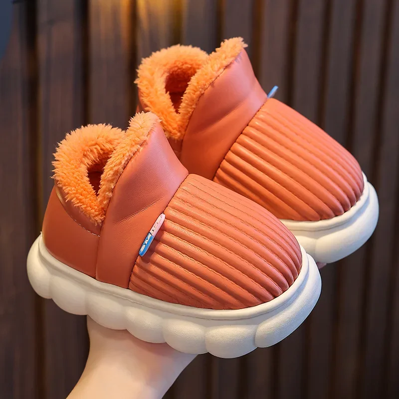 Zapatos Niña PU Leather Waterproof Kid Cotton Shoe Winter Boy Girl House Slippers Plush Child House Shoe Bag with Heel Kid Shoe