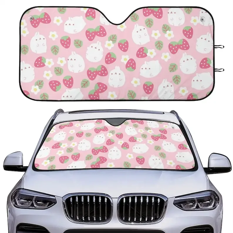 Kawaii Pink Chubby bunny Windshield Sunshade, Cute strawberry floral car shade Vehicle Sunblocker, Kawaii Car decor car accessor