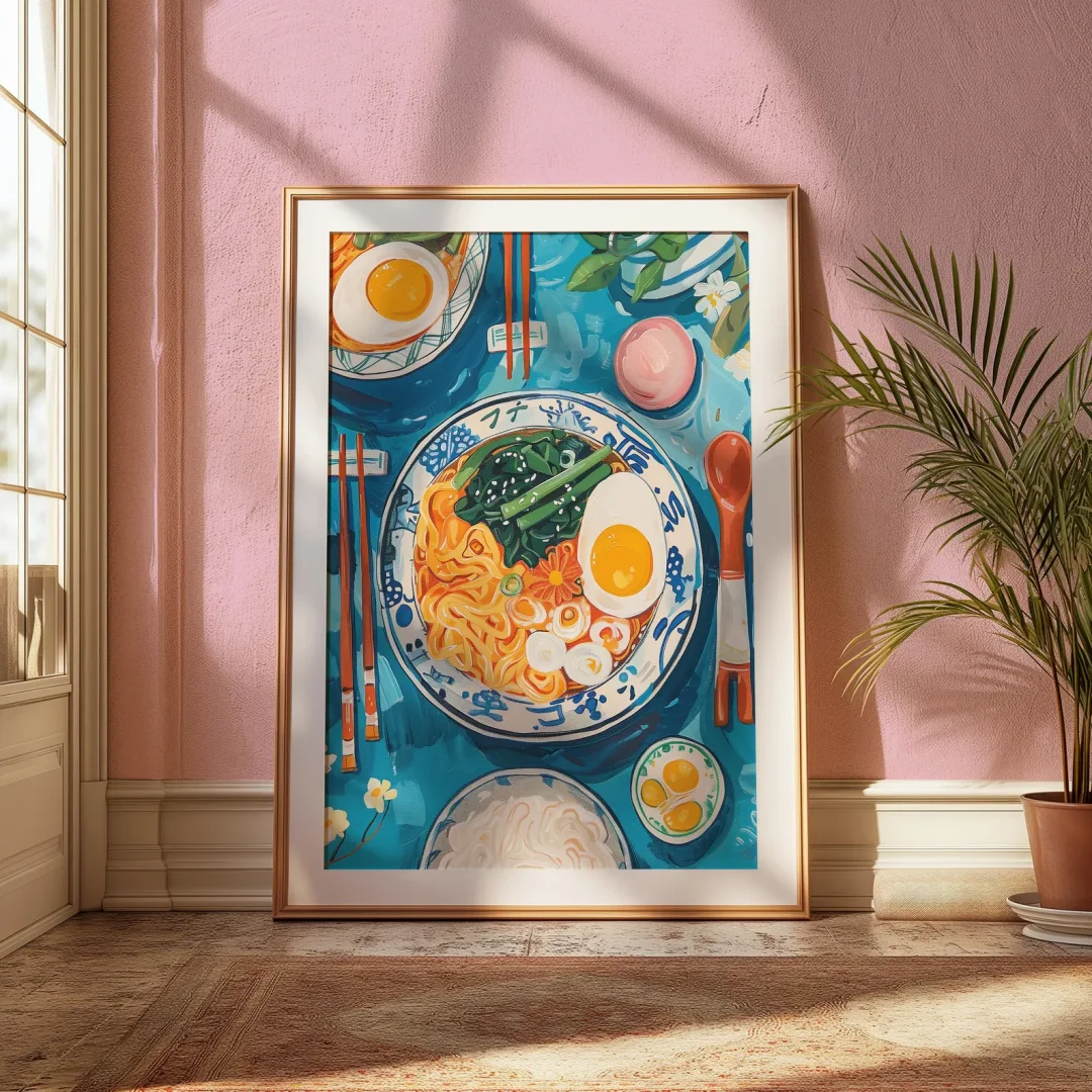 تنزيل طباعة رامين لذيذ، ملصق فني مطبخ ياباني قابل للطباعة، طعام مسطح في الطاولة، ديكور مطبوع أزرق لطيف، وا آسيوية #6