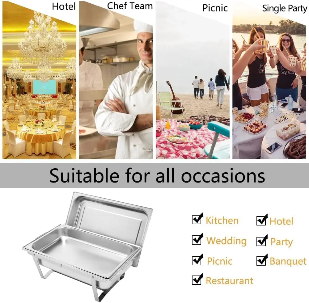 8 Qt 4 Pack Full Size Stainless Steel Chafing Dishes Buffet Set, NSF Silver Rectangular Catering Chafer Warmer Set