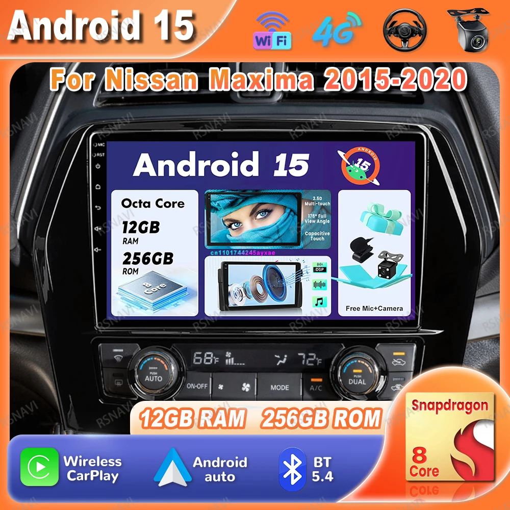 

Автомобильный радиоприемник Android 15 для Nissan Maxima 2015-2020 GPS DSP 5G WIFI Stereo Wireless Carplay Auto Qualcomm Viedo Player QLED BT DVD