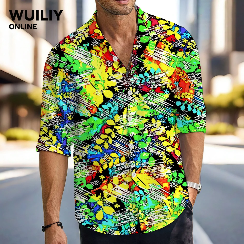 Mens Floral Graphic Long Sleeve Button Down Shirt Casual Leaf Printed Rainbow Pattern Women 3D Shirts With Pocket Shirts