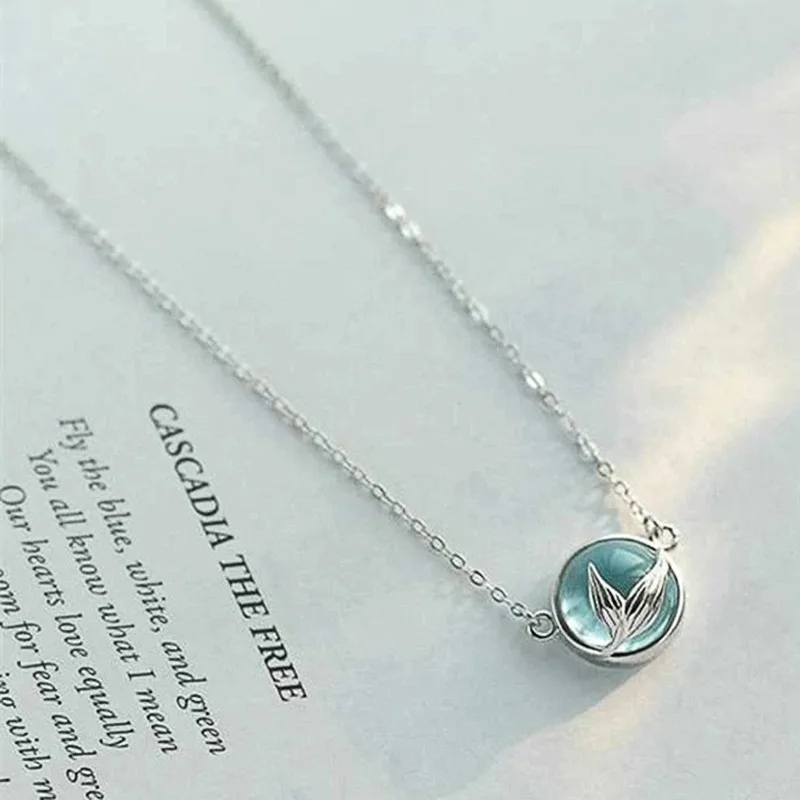 925 Silver Plated Blue Crystal Mermaid Charm Necklaces Pendants Choker Statement Party Wedding Jewelry dz009