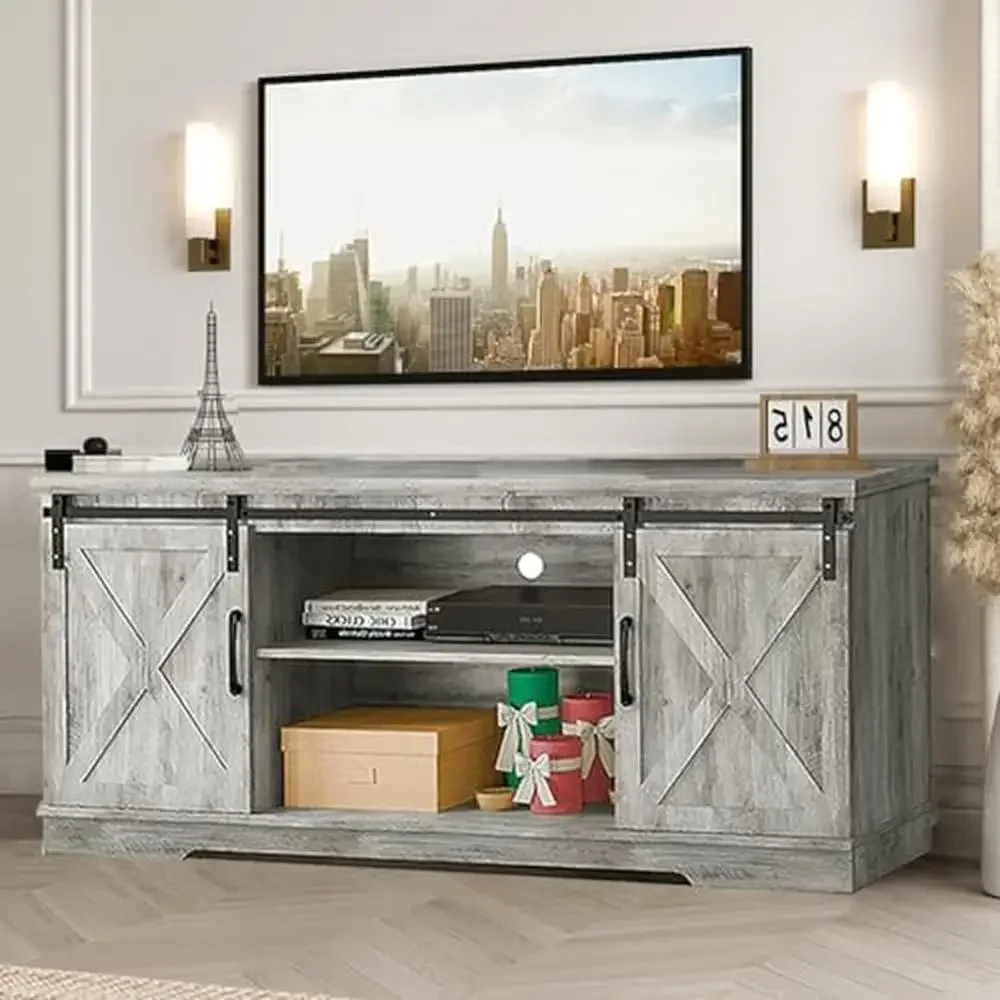 

65" Farmhouse Rustic TV Stand Media Console Barn Doors Adjustable Shelves Grey Solid Wood Entertainment Center Storage Cabinet