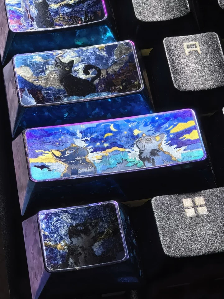 Starlit Night Cat Titanium Keycap Custom Titanium Ice Crystals Metal Key Caps ESC/Caps/Tab/Shift/Ctrl/Alt 1U/1.25U ArtisanKeycap