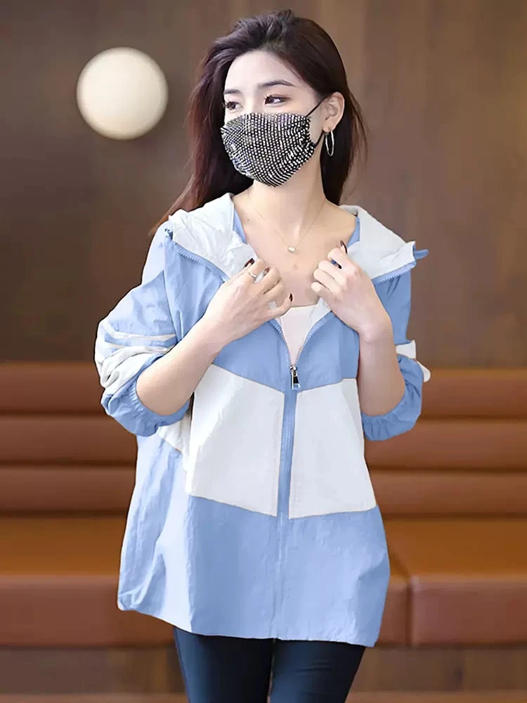 

Летний женский кардиган 2025 года свободного кроя с капюшоном на молнии, тонкая солнцезащитная верхняя одежда, дизайн с цветовыми блоками, дышащий, с длинными рукавами