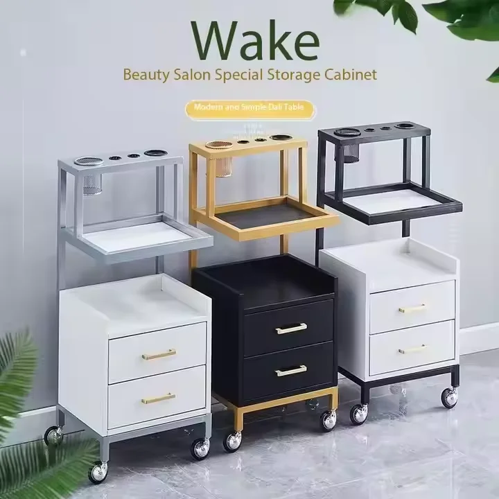عربة تصفيف الشعر باللونين الأبيض والأسود الفاخرة الحديثة، خزانة عربة معدنية من الفولاذ المقاوم للصدأ