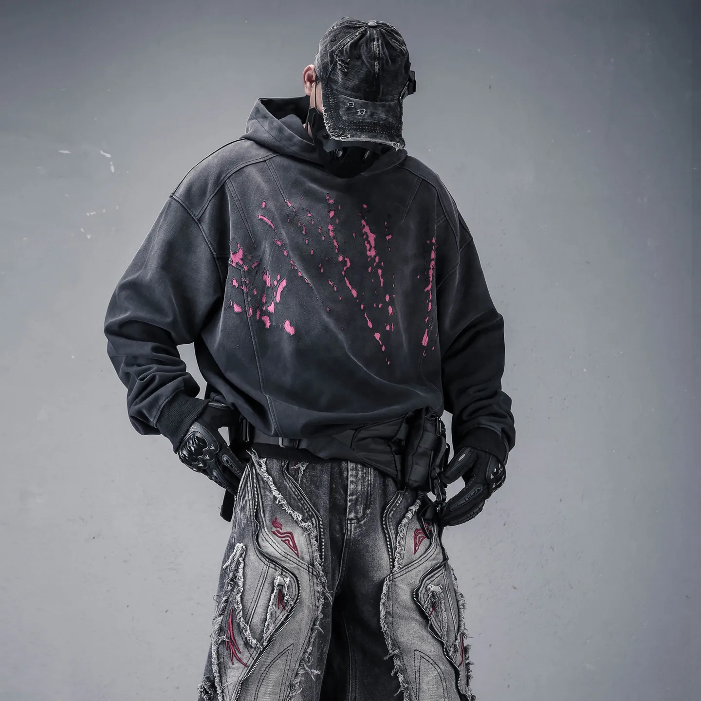 Designer Techwear High Street Hiphop Yabi Splash Ink Hole Scratch Hooded Sweater Heavy Washed Long Sleeve Hoodie