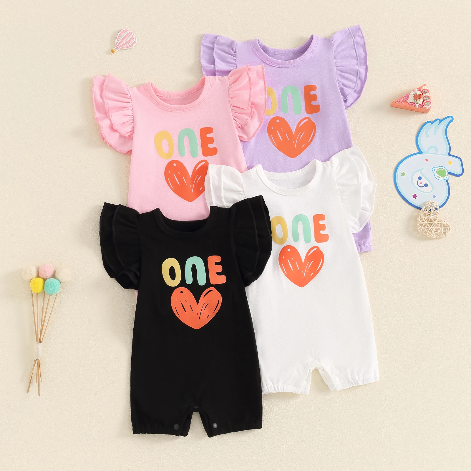 

Toddler Infant Baby Girls Jumpsuit Fly Sleeve Crew Neck Letters Heart Print Birthday Romper Clothes