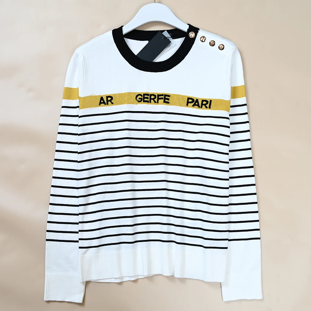 

Casual Knitted Long Sve round Ne Women's Sweater Color Blo Striped oulder Button Versatile Spring Autumn New Sle