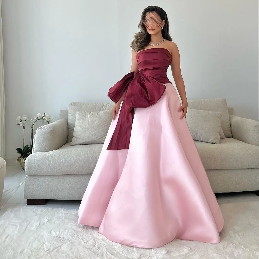 

Customized Fashion Contrast Color Satin Evening Dress Graceful Bow Sleeveless Strapless Floor Length A-Line Celebrity Gowns 2025