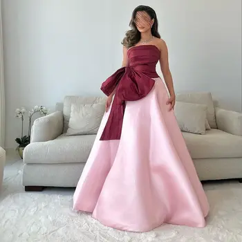 サテンのイブニングドレス,エレガントな弓,ノースリーブ,ストラップレス,地面の長さ,台形,有名人,対照的な色,ファッション,2025