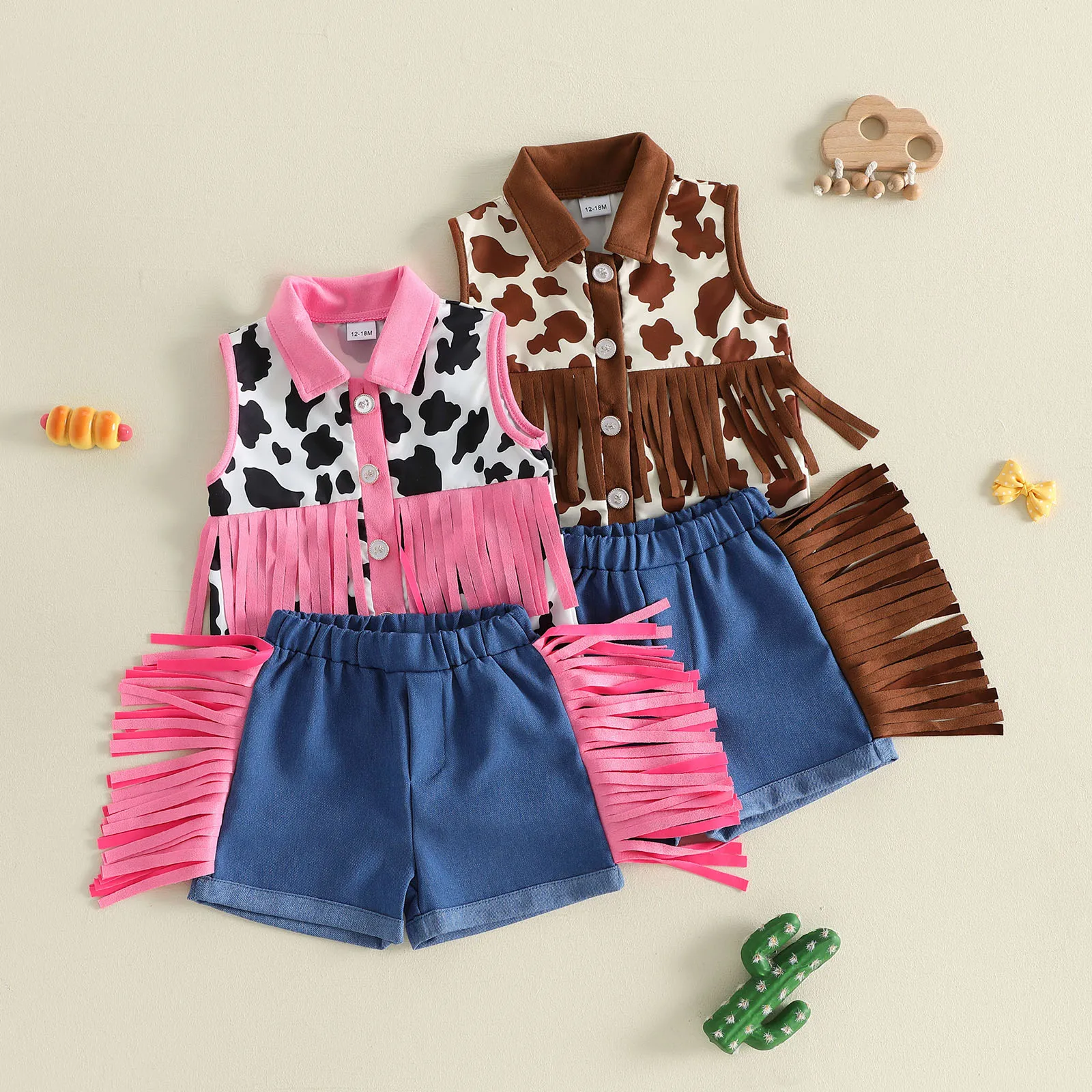 2027 Summer Toddler Baby Girls Western Outfit Summer Cowgirl Cow Print Tank Tops with Denim Shorts 2Pcs Children's Sets