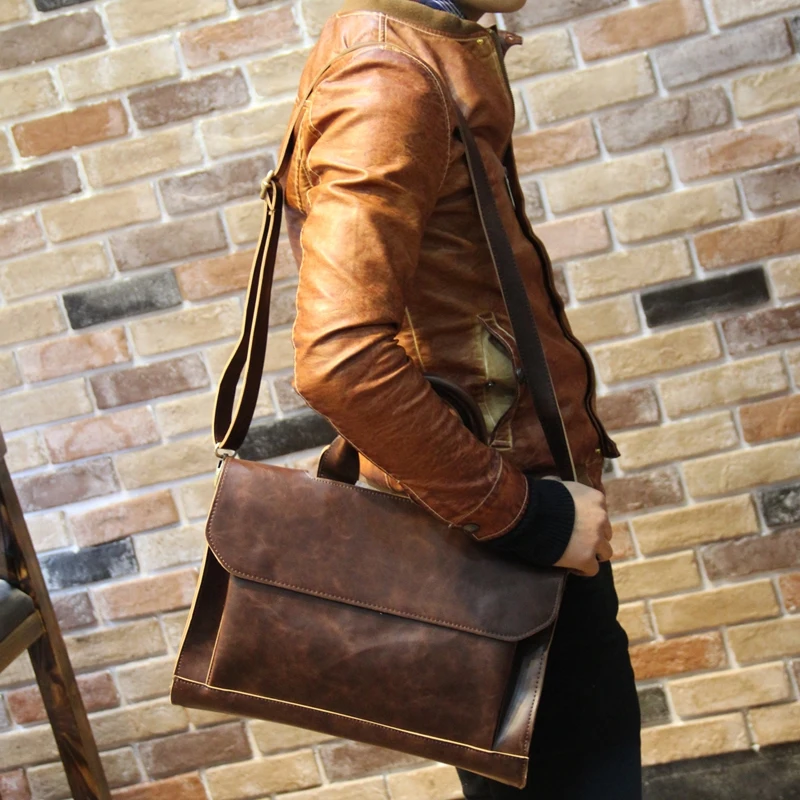 Crazy Horse Leather Men's Handbags Business Briefcase 14 Inch Laptop Bag Portable Shoulder Messenger Document Tote Bags 2024 New