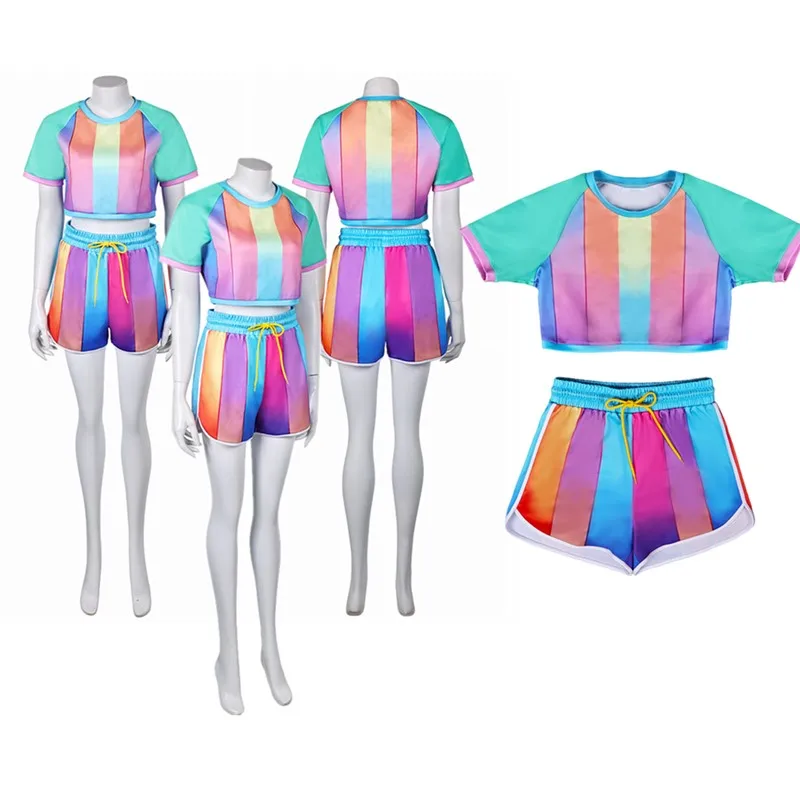 Adult Retro  Cosplay Colorful Sportwear Women Summer T-shirt Shorts Set Casual Crop Top Outfits Halloween Carnival Tracksuits