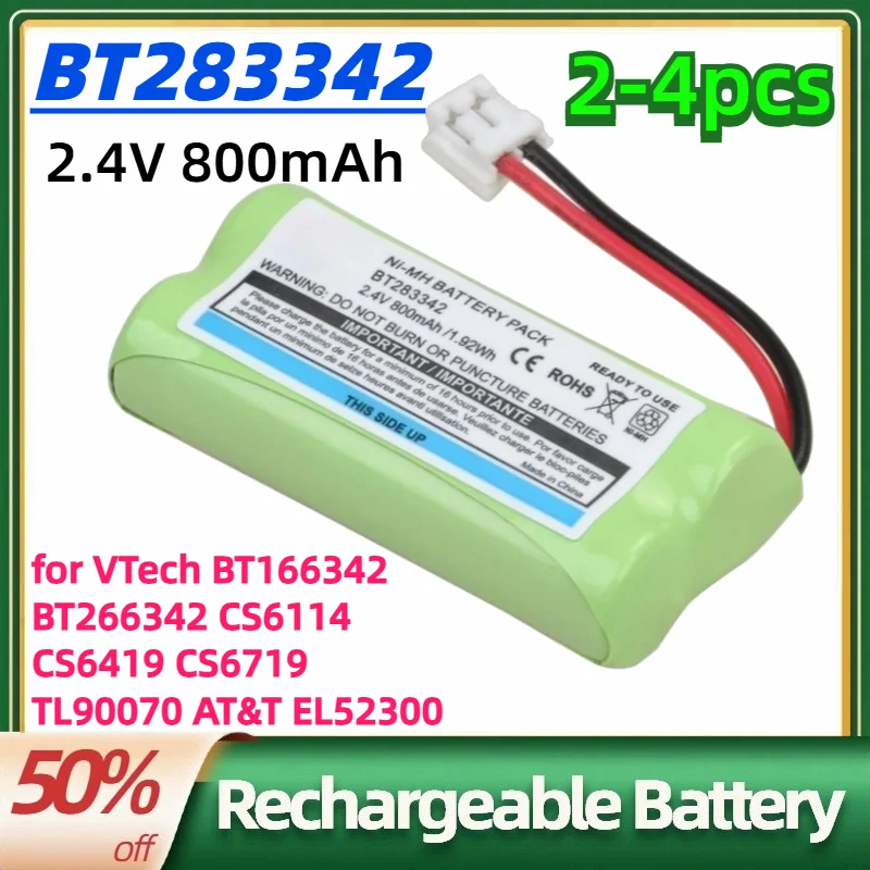 2.4V 800mAh BT183342 BT283342 NIMH Rechargeable Battery for VTech BT166342 BT266342 CS6114 CS6419 CS6719 TL90070 AT&T EL52300