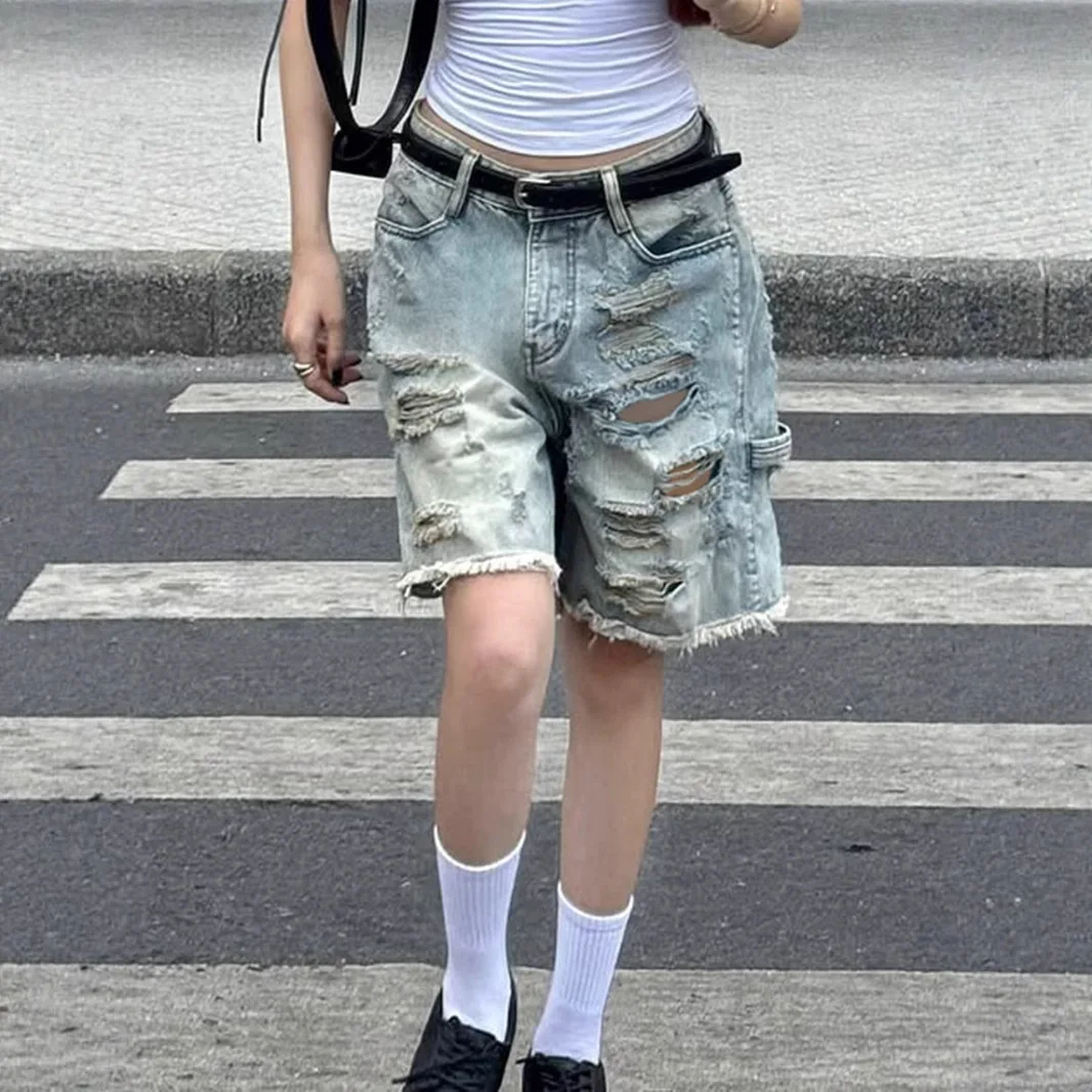 

American Street Retro Old Ripped Straight Denim Jeans High Waist Casual Rough Edge Wide Leg Five-point Pants Baggy Jeans