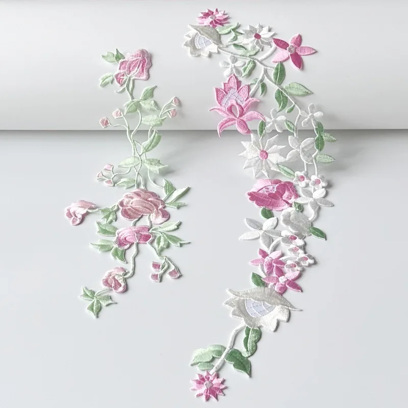 

Pink and green long strip adhesive-backed floral embroidered fabric patch decorative patch accessories DIY fabric patch