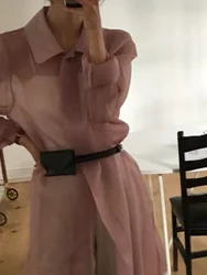 2025년 봄 여성용 메쉬 드레스 빈티지 턴다운 칼라 디자인 레이어드 슬리밍 롱 스커트 프렌치 스타일 루즈핏 소프트 원단