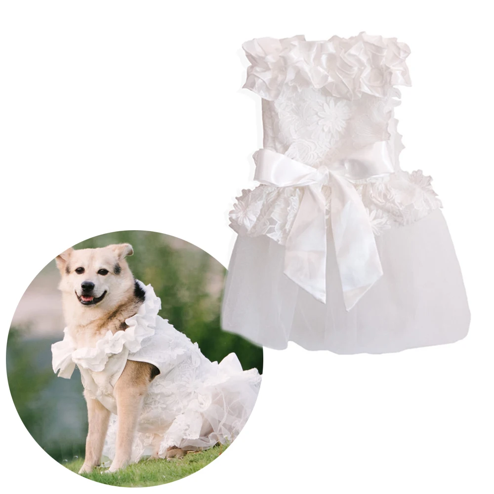 Wedding Dress for Dogs Luxury White Lace Ruffles Princess Dress with Big Ribbon Bow for Girl Dog Party Pet Formal Dress Costume