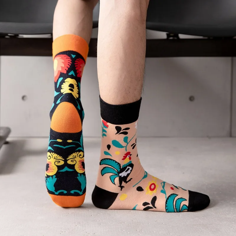 New AB feet flower and bird pattern mid-tube casual socks men\'s trendy socks plus size socks