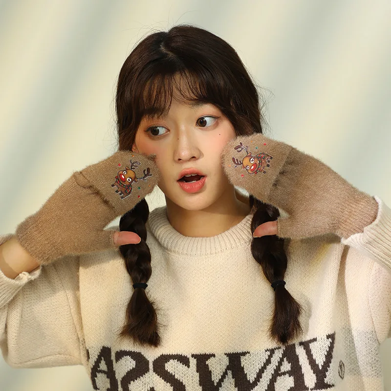 플러시 핑거리스 장갑 여성 겨울 벙어리 장갑 부드럽고 따뜻한 학생 여성 플립 장갑 야외 쓰기 장갑 두꺼운 추위 보호