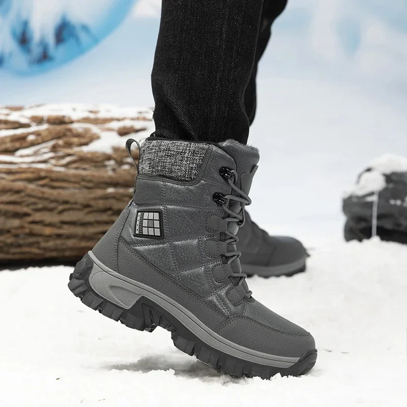 New Warm Plush Men\'s Snow Boots Lace Up High Top Men\'s Boots Waterproof Winter Ankle Boots Outdoor Anti-Slip Men Hiking Boots