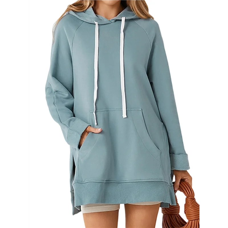 

FX-Женский повседневный пуловер большого размера с длинными рукавами и разрезом подол, толстовки с капюшоном на шнурке, платье с карманом-кенгуру