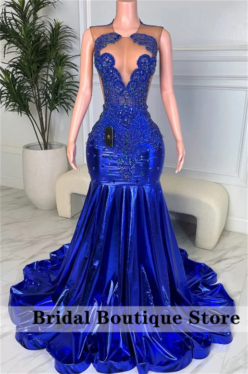 

Royal Blue Diamonds Beaded Long Prom Dress Black Girls Crystal Evening Party Gowns Formal Occasion vestidos de gala Customized