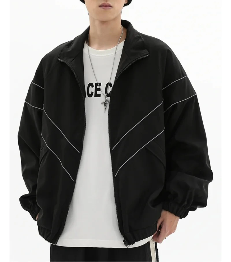 Hip Hop Varsity Jacket Men Women Reflective Stripes Thin Loose Windbreaker Street Oversize Stand-up Collar Zip-up Jacket Unisex