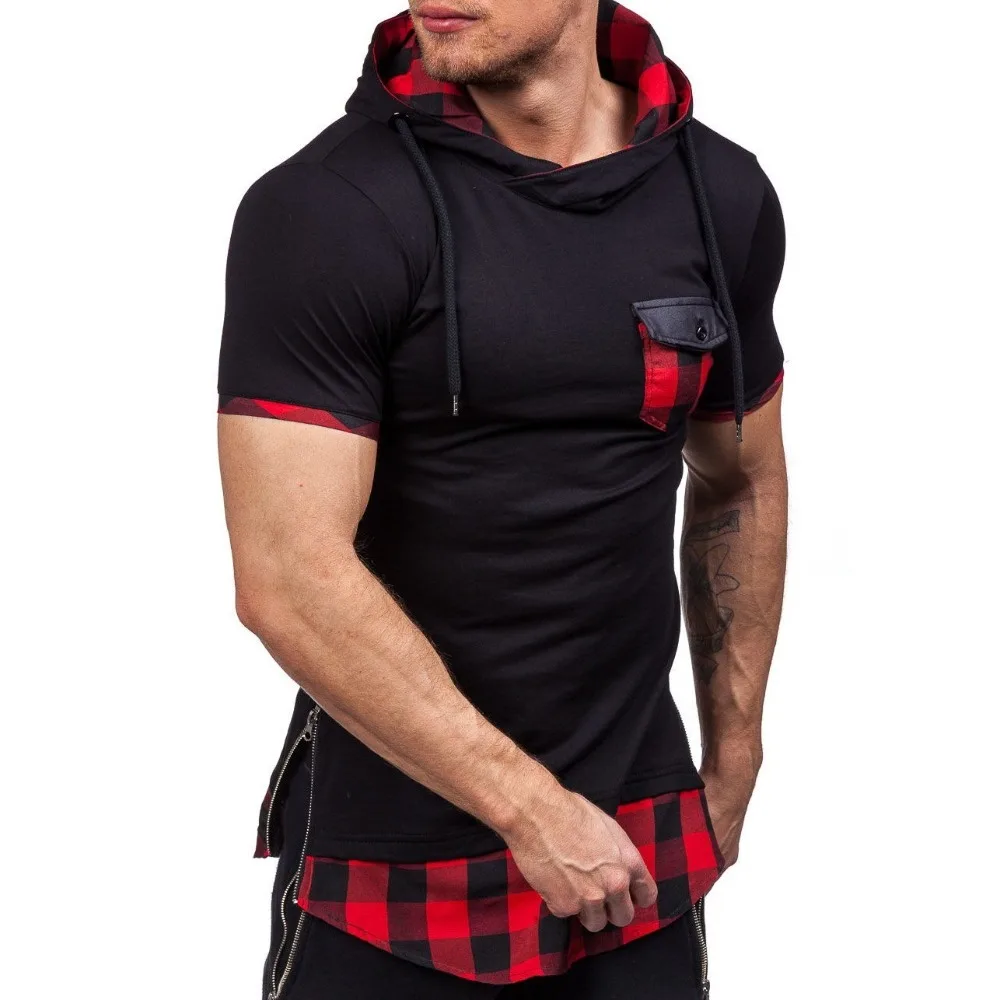 Summer Men\'s Youth Plaid Stitching Hooded Short-sleeved Slim Pullover Sweater