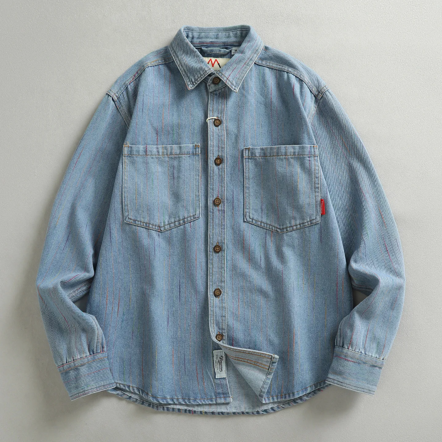 Vintage Washed Denim Long Sleeve Shirt Men Amekaji Double Chest Pocket Lapel Button Up Casual Workwear Shirts