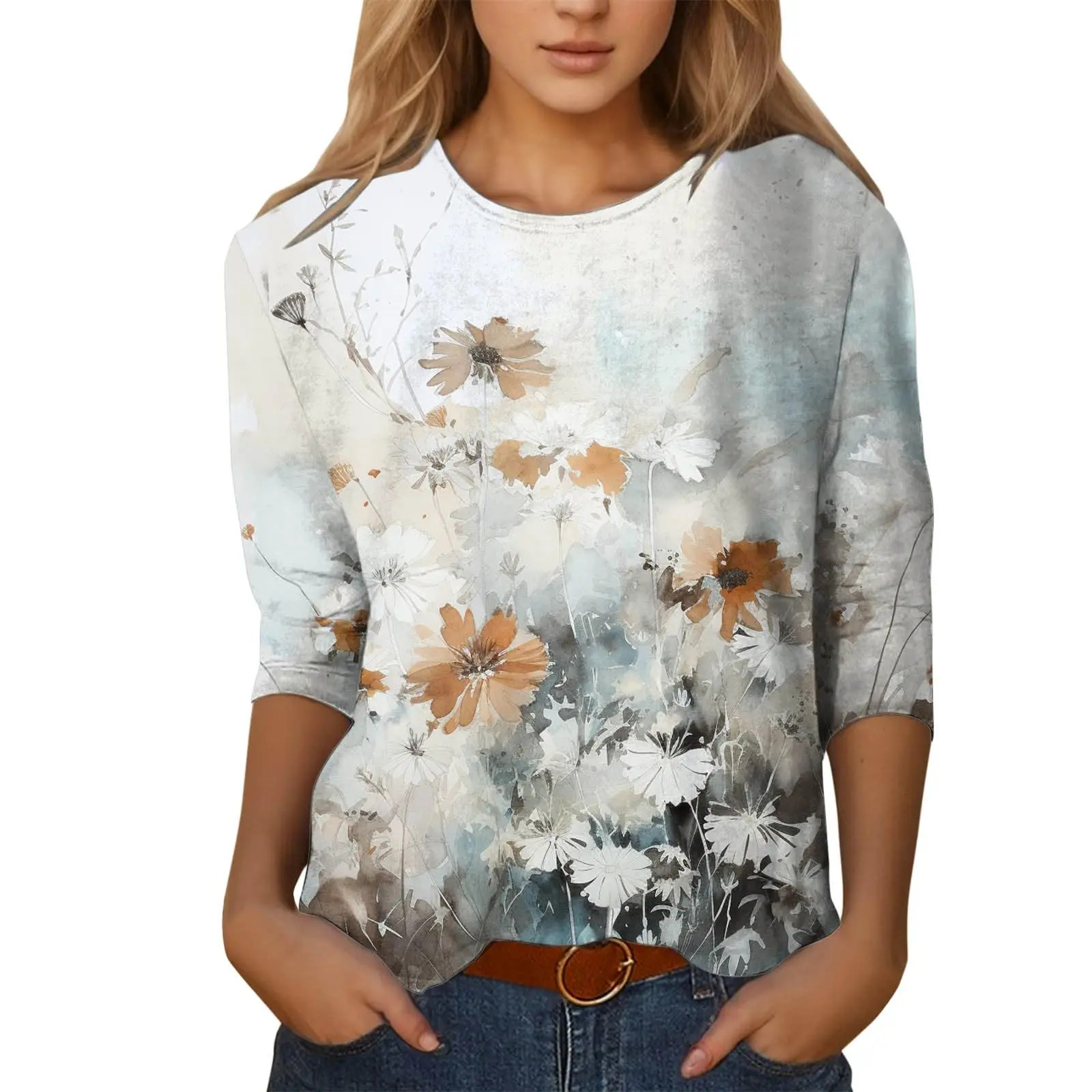 Women\'s T-shirt 3d print retro ink flower print casual long sleeve round neck regular top daily print pink spring and autumn