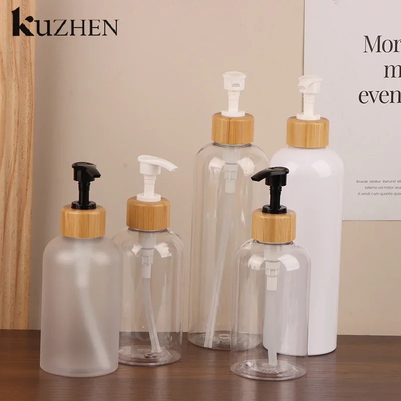 300/500 مللي موزع مضخة الخيزران الحمام PET طبق الصابون زجاجة فارغة غسول إعادة الملء هلام الاستحمام السائل متجمد الحاويات