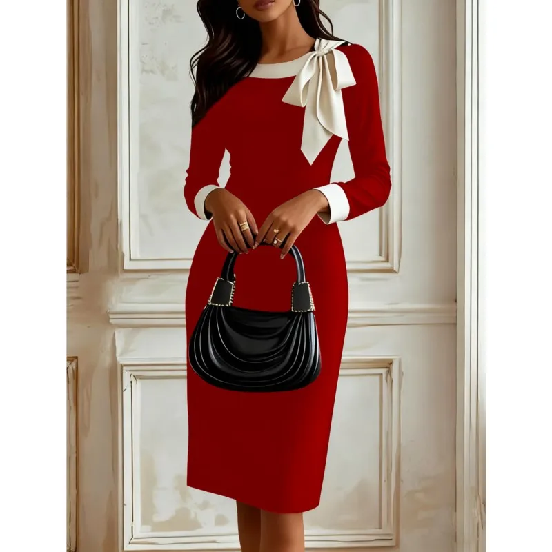 Seksowna Elegancka Dopasowana Sukienka Bodycon z Dekoltem O, Długim Rękawem, Ozdobnymi Wstawkami, Jednolita, Modna Sukienka Wieczorowa na Imprezę, Długość do Kolan