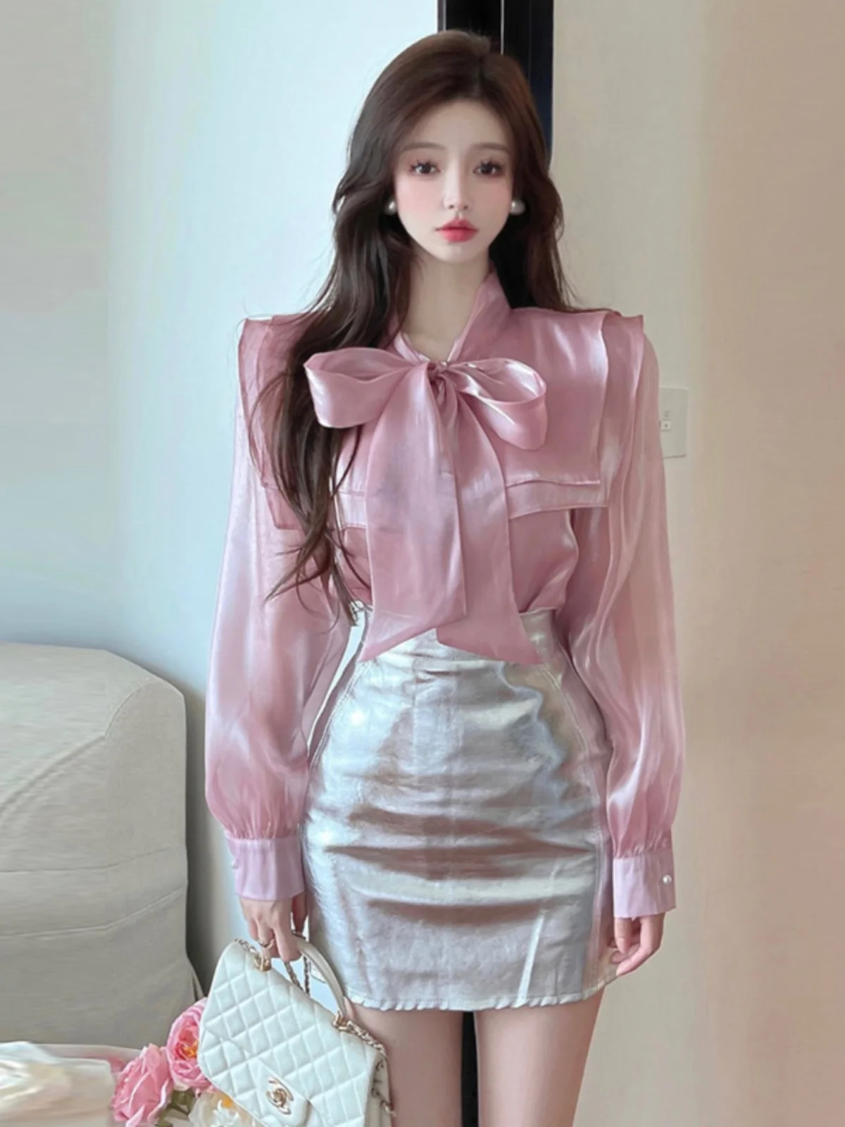 

Knot Double Layer Doll Collar Top And Wrap around Skirt Set Teenage Girl Faionable Outfit Long Sve Hoodie Sle