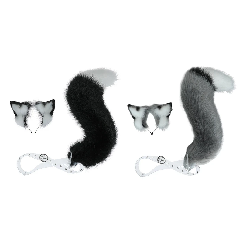 Animal Faux Fur Cat Dog Ears Headband and Tail Halloween Cosplay Accessories for Adult and Children