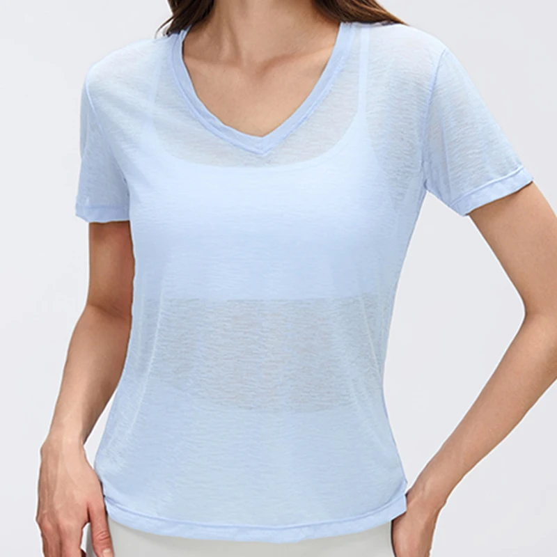 Women's V-Neck Bamboo Carbon Fiber Lightweight Sports T-Shirt Short Sleeve Yoga Top Running Fitness Workout Shirt 098