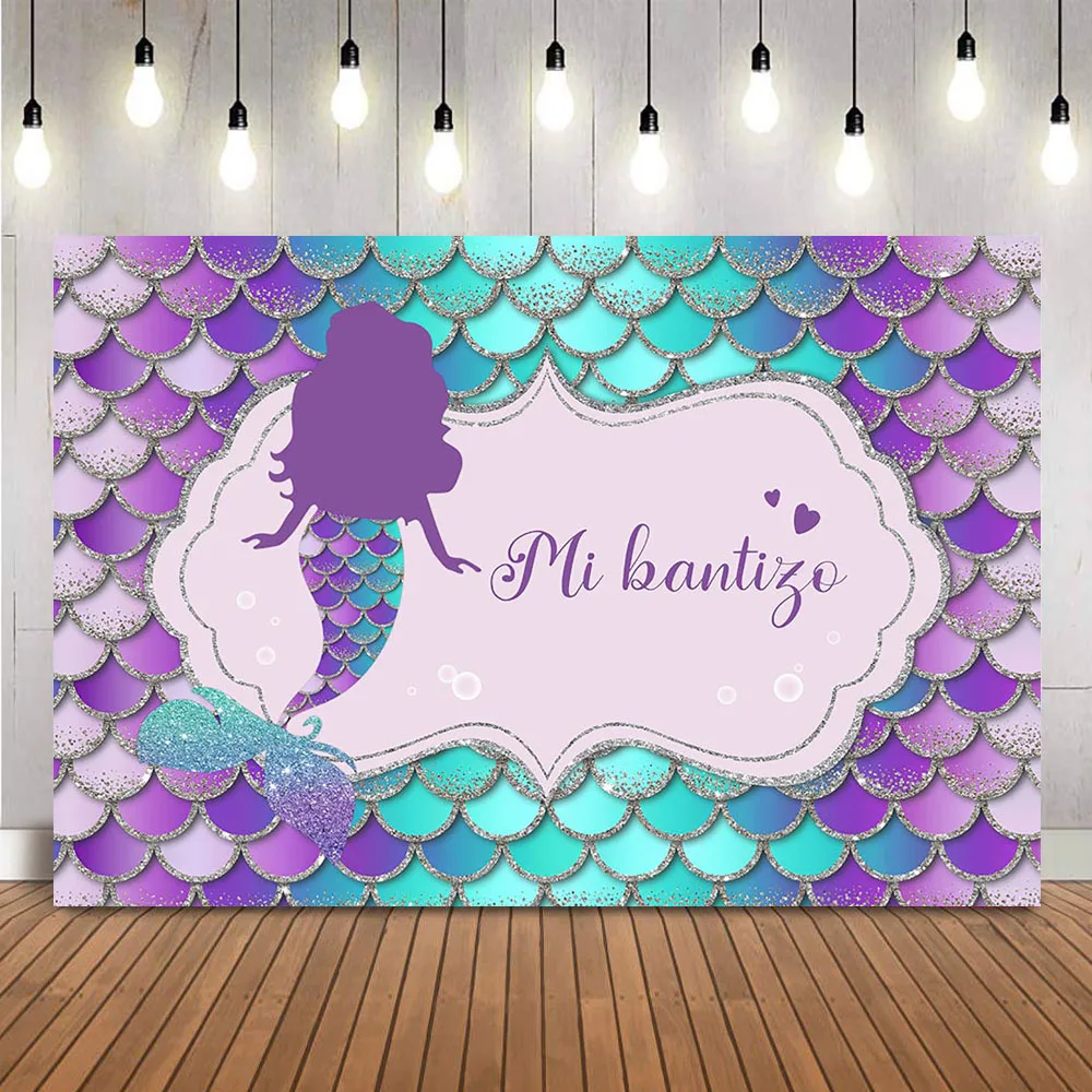 Mi Bantizo Backdrop for Baby Shower Theme Party Decoration Mermaid Birthday Party Background for Girls Summer Holidays Banner