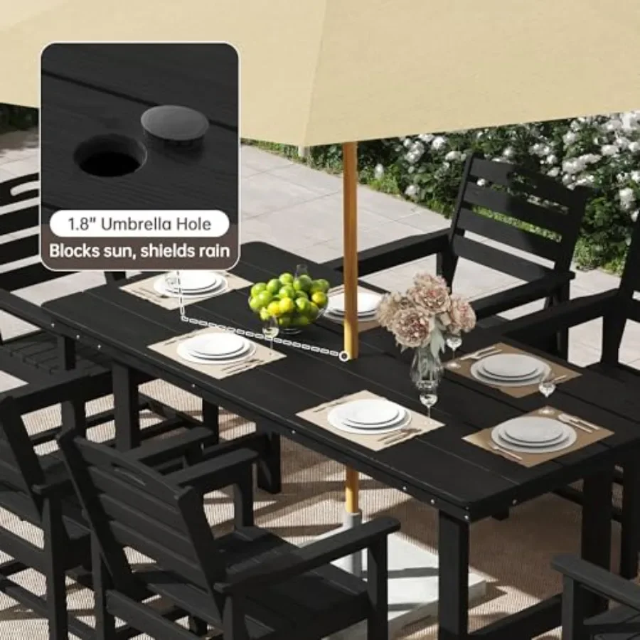 66 Outdoor Dining Table with 1.8 Umbrella Hole for 6-8, Aluminum Frame, Matte Black Finish, Rust-Resistant and Weatherproof