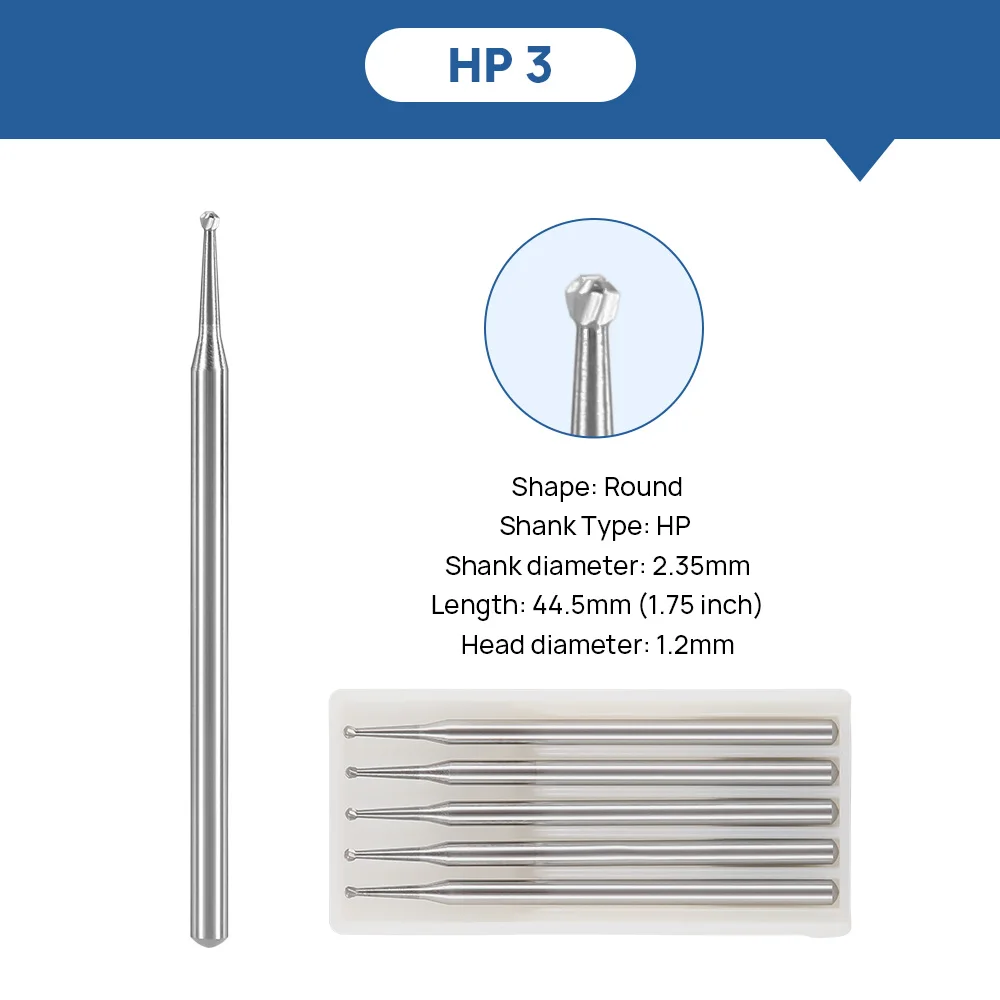 AZDENT 5Pcs/Box Dental Round Carbide Burs HP Bur Drill For Straight Handpiece and Micro Motor Diameter 2.35mm Length 44.5mm