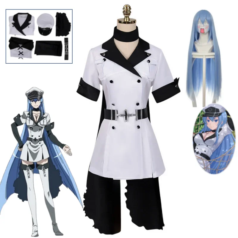 

Cosplay Anime Esdeath Empire Cosplay Costume Comic General Uniform with Hat, Wig, Socks, Halloween Dress Up Battle Suit Set
