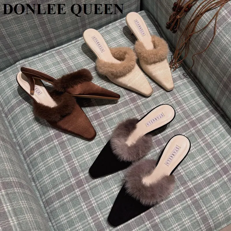 

2026 Women Fur Slippers Fashion Thin Heels Pointed Toe Pumps Furry Fur Women Shoes Brand Mules Slides Slippers Zapatos De Mujer
